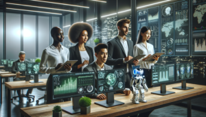 Grupo diverso de profissionais trabalhando em um escritório moderno e automatizado, com robôs autônomos, destacando a automação industrial e a produtividade.