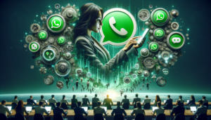 Imagem mostrando pessoas satisfeitas utilizando WhatsApp para atendimento automatizado, simbolizando o aumento nas vendas com uma paleta de cores verdes.