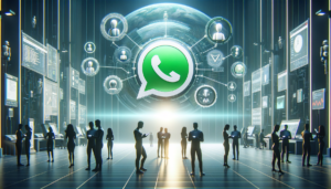 Imagem representativa da automação do WhatsApp no atendimento ao cliente, com indivíduos interagindo em um ambiente futurista e moderno.