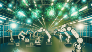 Imagem representando a automação e inteligência artificial em um ambiente industrial, com braços robóticos e engrenagens interconectadas em diferentes tons de verde.