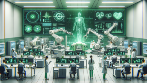 Imagem que mostra uma clínica médica moderna, com profissionais de diferentes gêneros e etnias interagindo com equipamentos automatizados em um ambiente com predominância da cor verde.