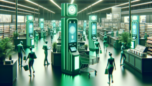 Imagem de uma experiência de compra no varejo modernizada por tecnologias de autoatendimento, com figuras humanas interagindo com sistemas avançados, predominando tons de verde.