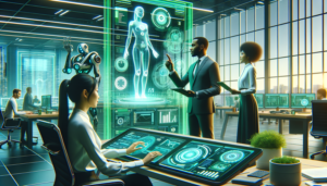 Cenário futurista mostrando a transformação digital das MPMEs no Brasil, com uma mulher asiática, um homem negro e uma mulher caucasiana utilizando tecnologia de ponta em um escritório moderno.