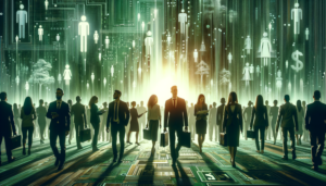 Imagem que ilustra a transformação digital nas micro e pequenas empresas do Brasil, apresentando uma cena moderna e diversificada em tons de verde.