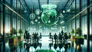 Imagem de uma reunião em um escritório moderno, com foco na transformação da gestão empresarial através de Centros de Serviços Compartilhados, apresentando colaboradores em um ambiente sustentável.